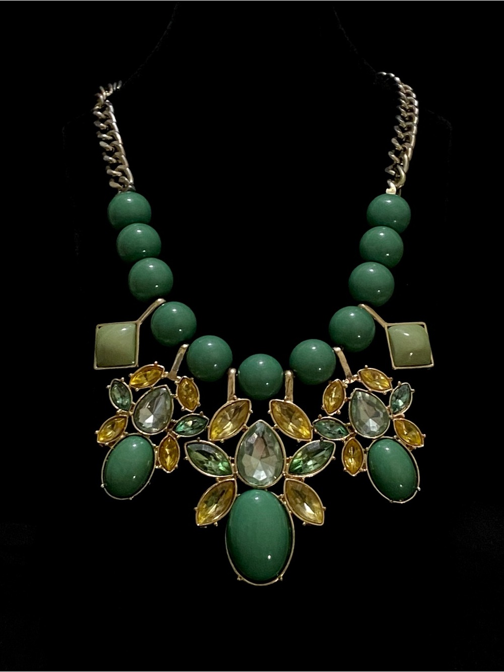 Vintage Chartreuse Green Cabochon + Yellow | Lime Crystal Accent Necklace